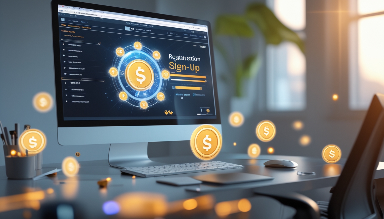Seseorang sedang menggunakan laptop di meja dengan layar yang menampilkan antarmuka digital yang menarik dan simbol bonus.