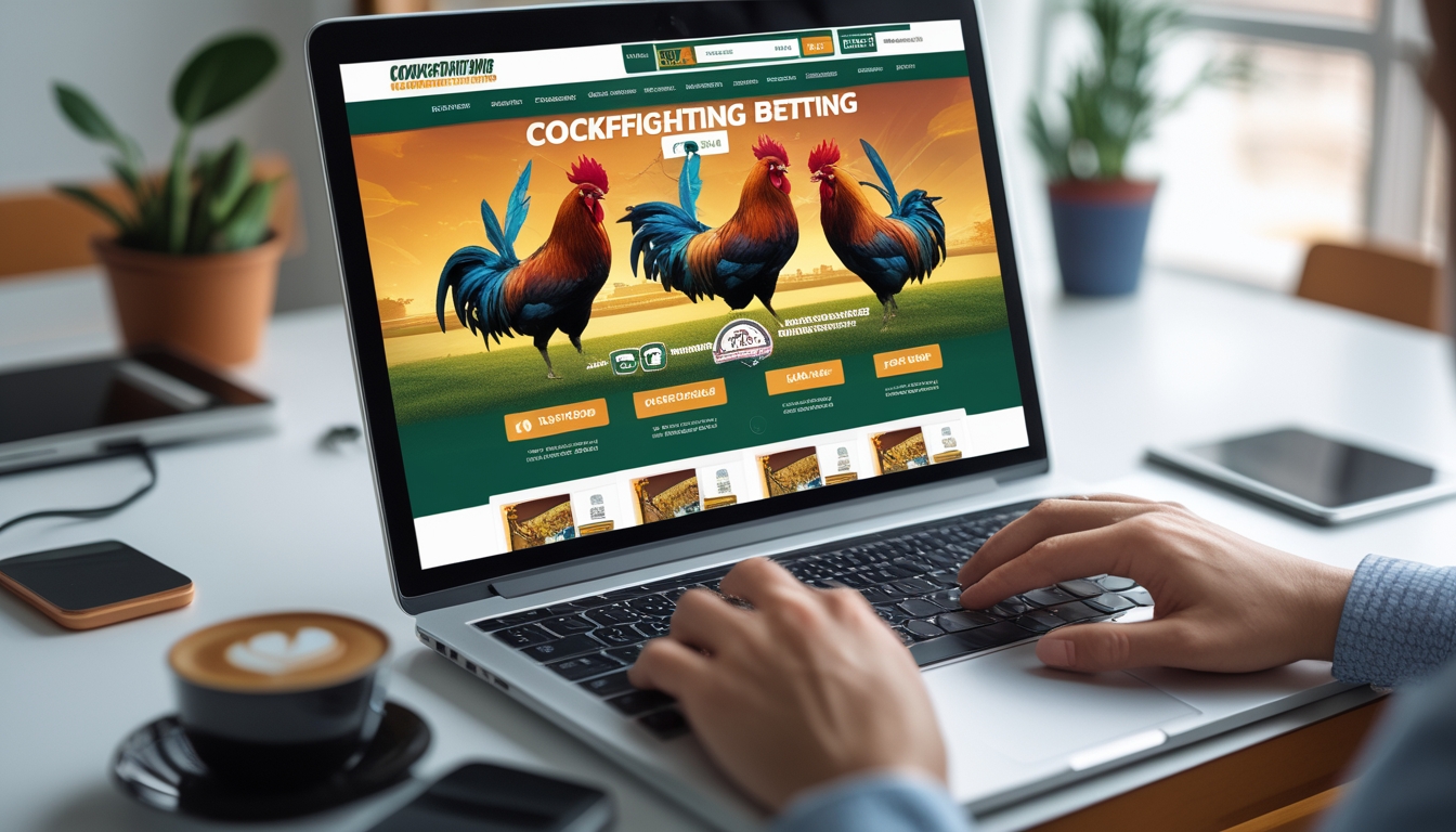 Seorang pengguna sedang mengoperasikan laptop dengan tampilan situs sabung ayam online yang menampilkan gambar ayam jago dan ikon bonus di meja kerja yang rapi.
