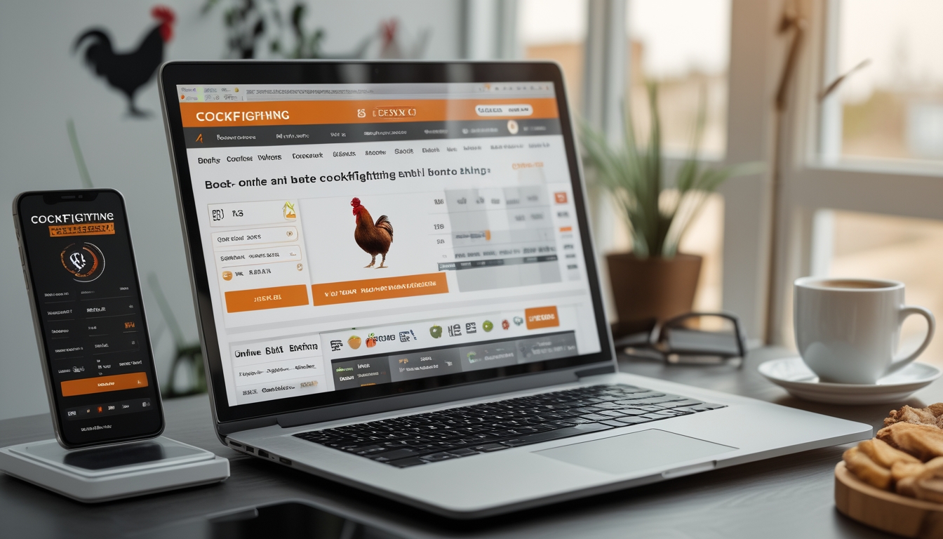 Seorang pria duduk di depan laptop dengan layar menampilkan situs taruhan sabung ayam online, di meja terdapat smartphone dan cangkir kopi.