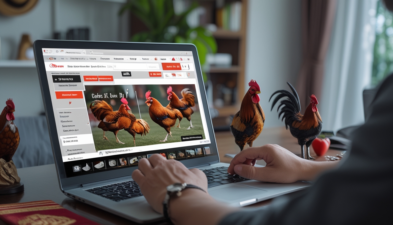 Seseorang menggunakan laptop di meja kerja dengan gambar ayam aduan di layar, suasana ruangan rapi dan terang.