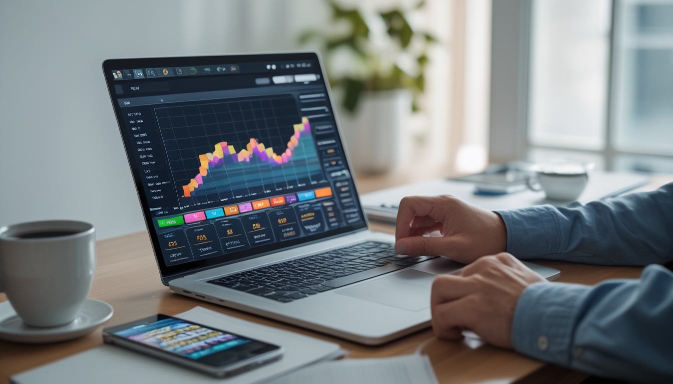 Seorang pria duduk di depan laptop dengan grafik RTP online, menganalisis data untuk meningkatkan peluang menang dalam permainan judi online.
