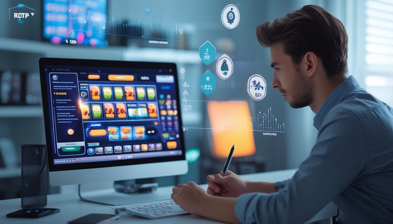 Seorang dewasa muda sedang menganalisis data di depan komputer dengan tampilan permainan kasino online dan grafik statistik di sekitar meja kerja.