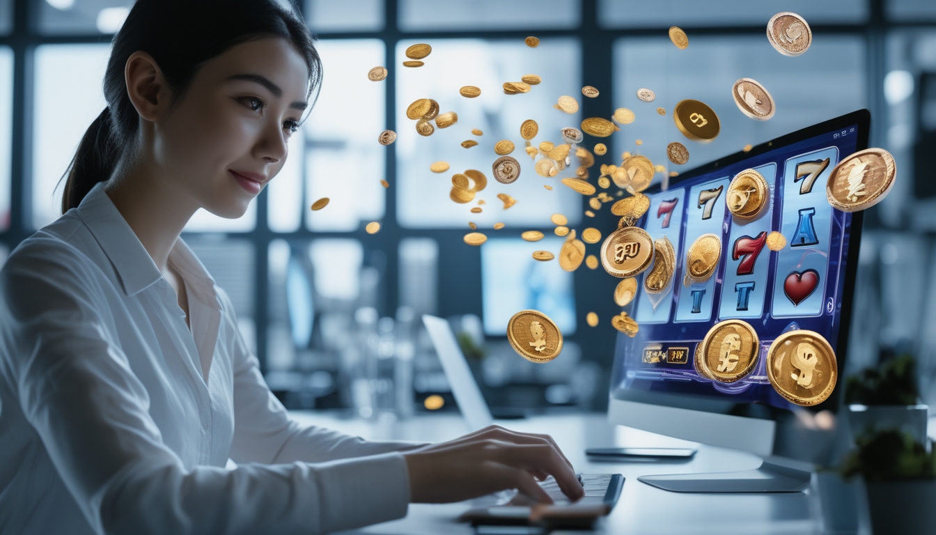 Seorang dewasa muda menggunakan laptop di meja dengan latar belakang grafis permainan judi online dan koin kemenangan.