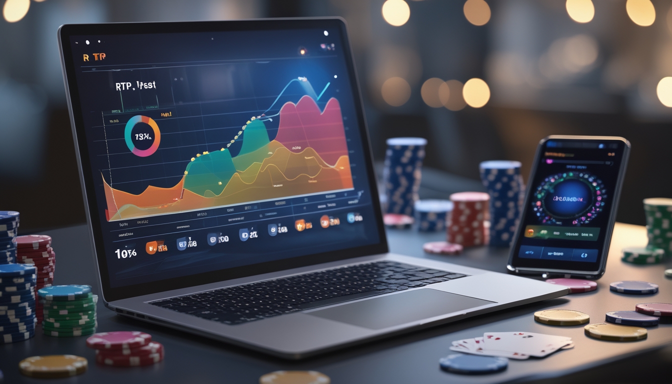 Seorang pria duduk di depan laptop dengan grafik dan kartu poker di meja, menunjukkan suasana analisis permainan online.