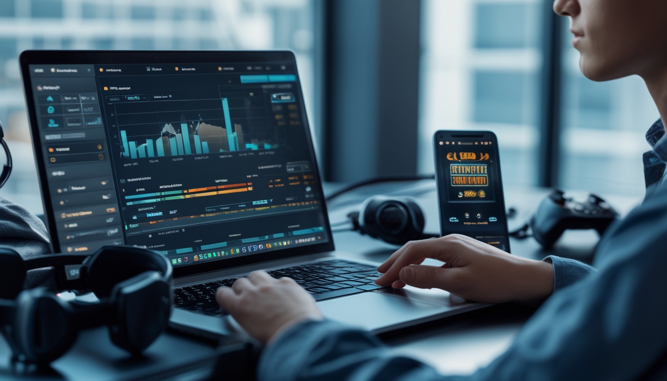 Seorang pria duduk di depan laptop dengan layar menampilkan grafik dan data permainan online, dikelilingi oleh aksesori gaming seperti headset dan kontroler.