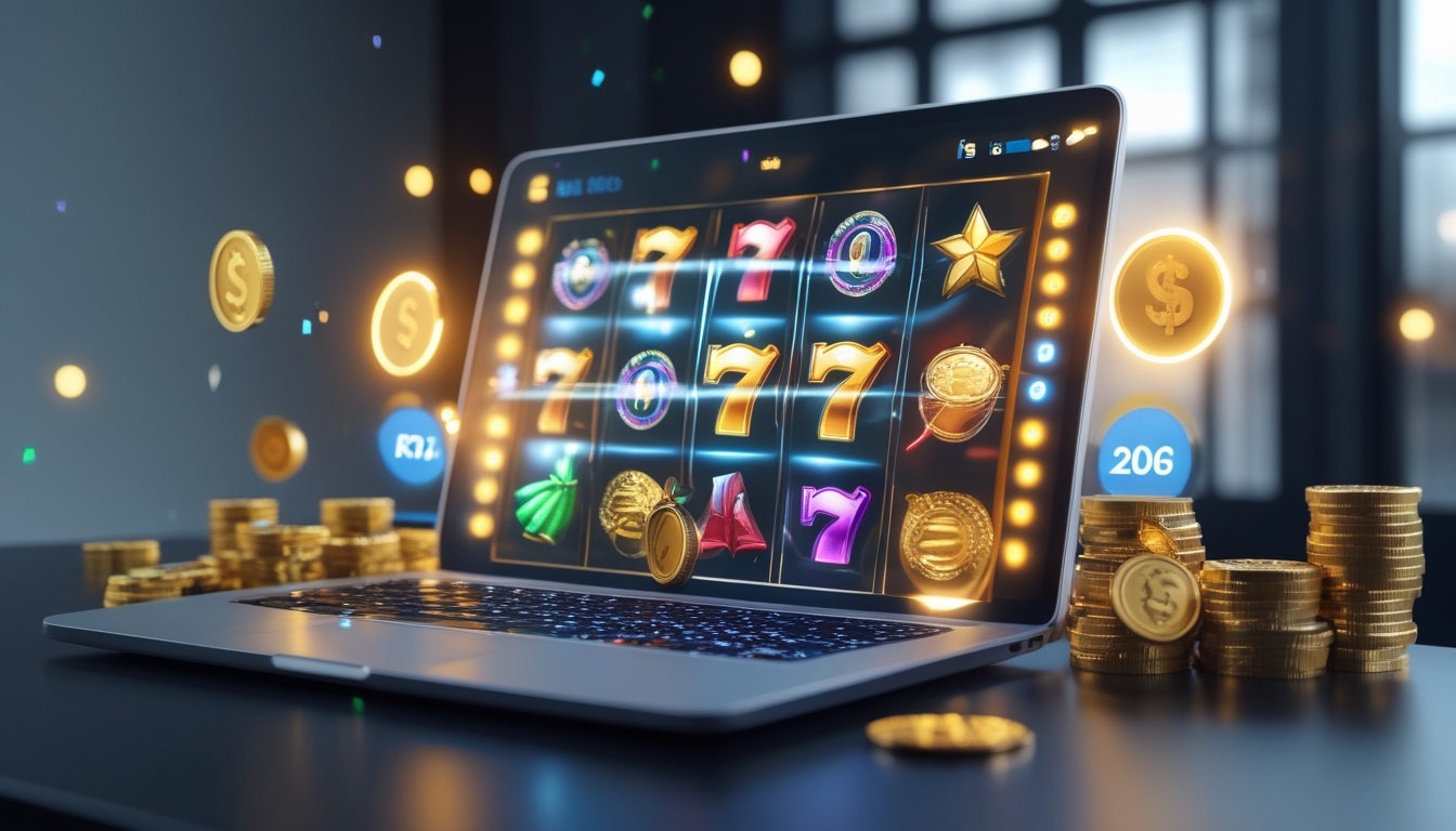 Sebuah komputer modern menampilkan permainan mesin slot online dengan simbol warna-warni dan koin emas yang bersinar di sekitarnya.
