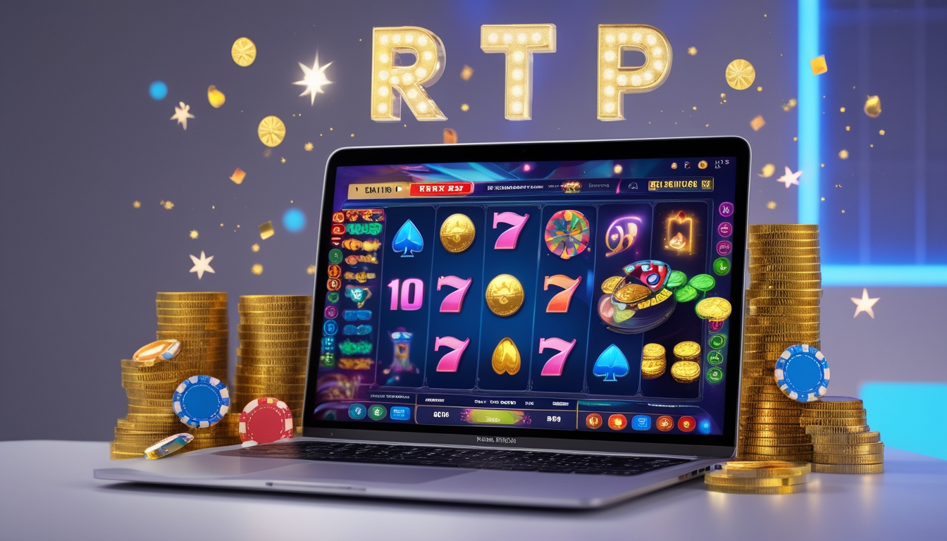 Sebuah layar komputer menampilkan permainan slot online dengan simbol koin emas dan chip kasino di sekitarnya, menggambarkan peluang jackpot besar dan tingkat RTP tinggi.