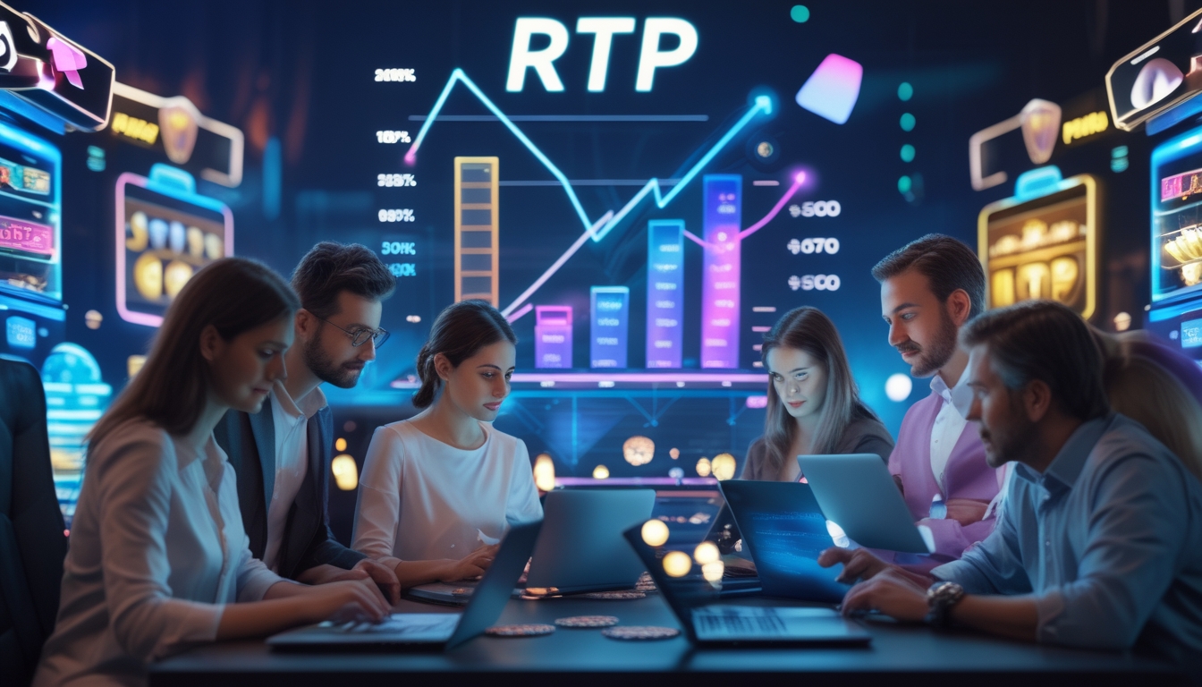 Beberapa orang sedang menganalisis grafik dan data terkait permainan online dengan latar belakang elemen permainan seperti mesin slot digital dan kartu.