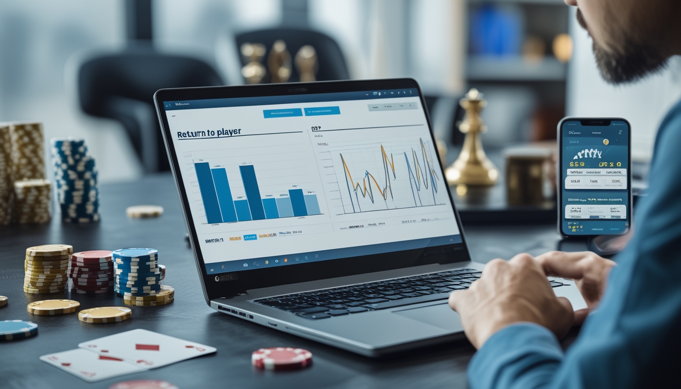 Seorang pria duduk di depan laptop dengan grafik RTP permainan online, dikelilingi oleh chip poker dan kartu remi di meja kerja.