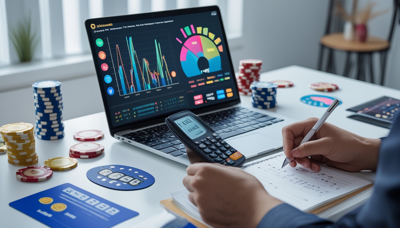Seseorang sedang menghitung dan menganalisis data RTP permainan online di meja kerja dengan laptop, kalkulator, dan catatan.