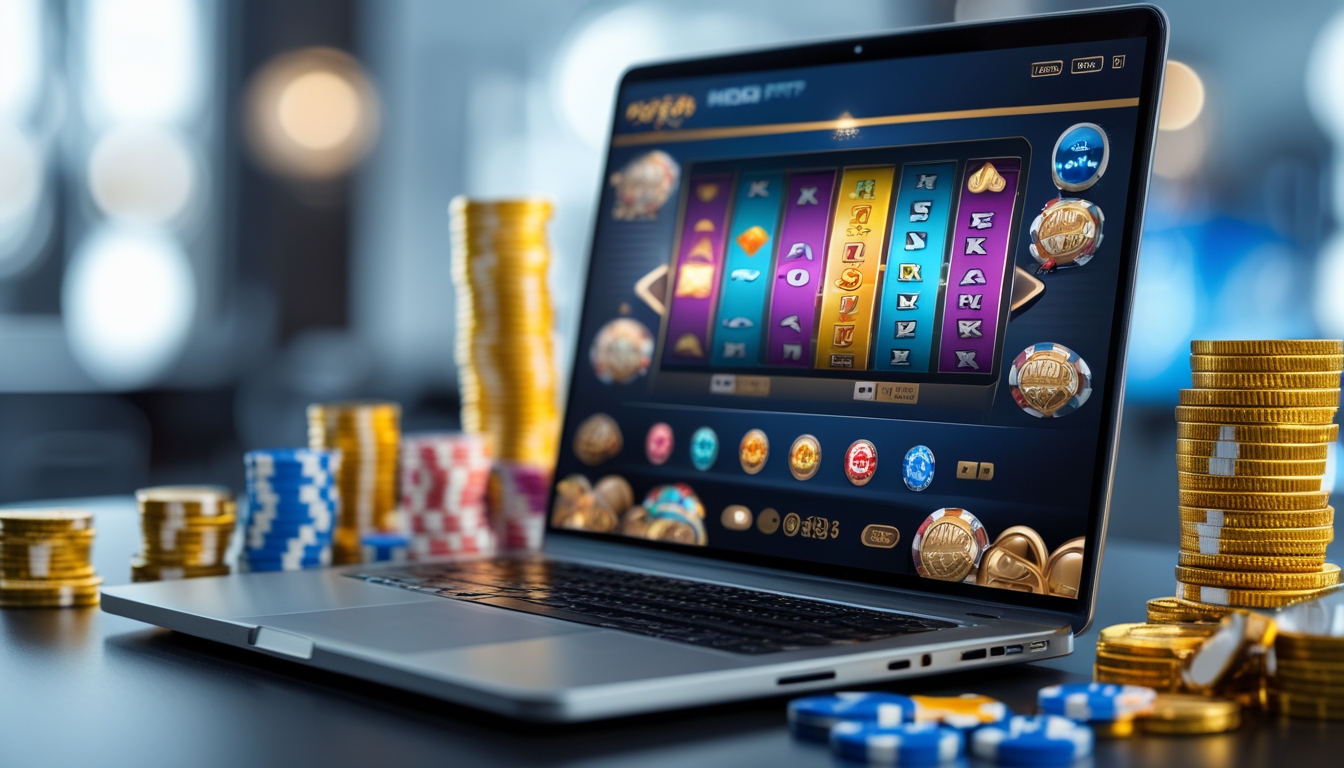 Sebuah laptop menampilkan permainan slot online dengan koin emas dan chip poker di sekitarnya.