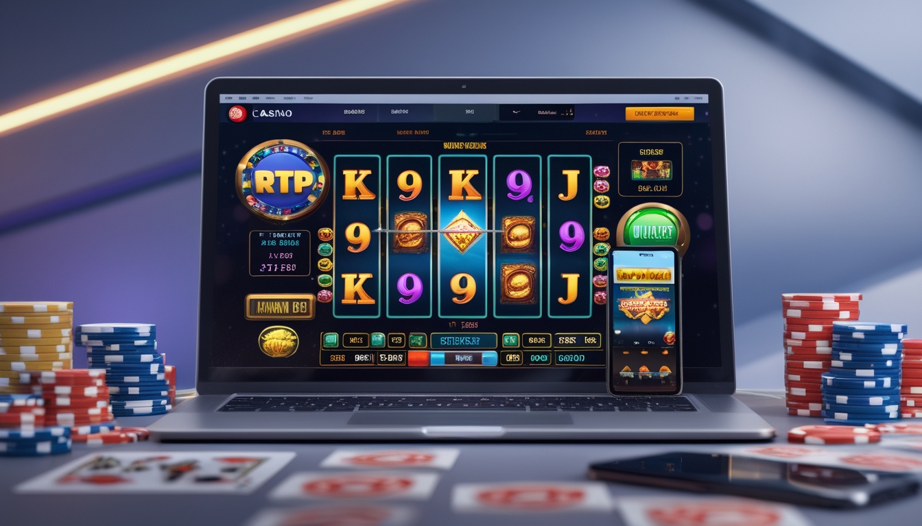 Sebuah layar komputer menampilkan permainan slot online dengan chip poker dan kartu di sekitarnya, menggambarkan konsep RTP dalam casino online.