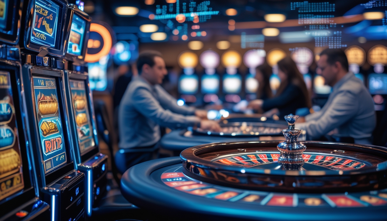 Orang-orang bermain mesin slot dan roulette di kasino modern dengan suasana cerah dan ramai.