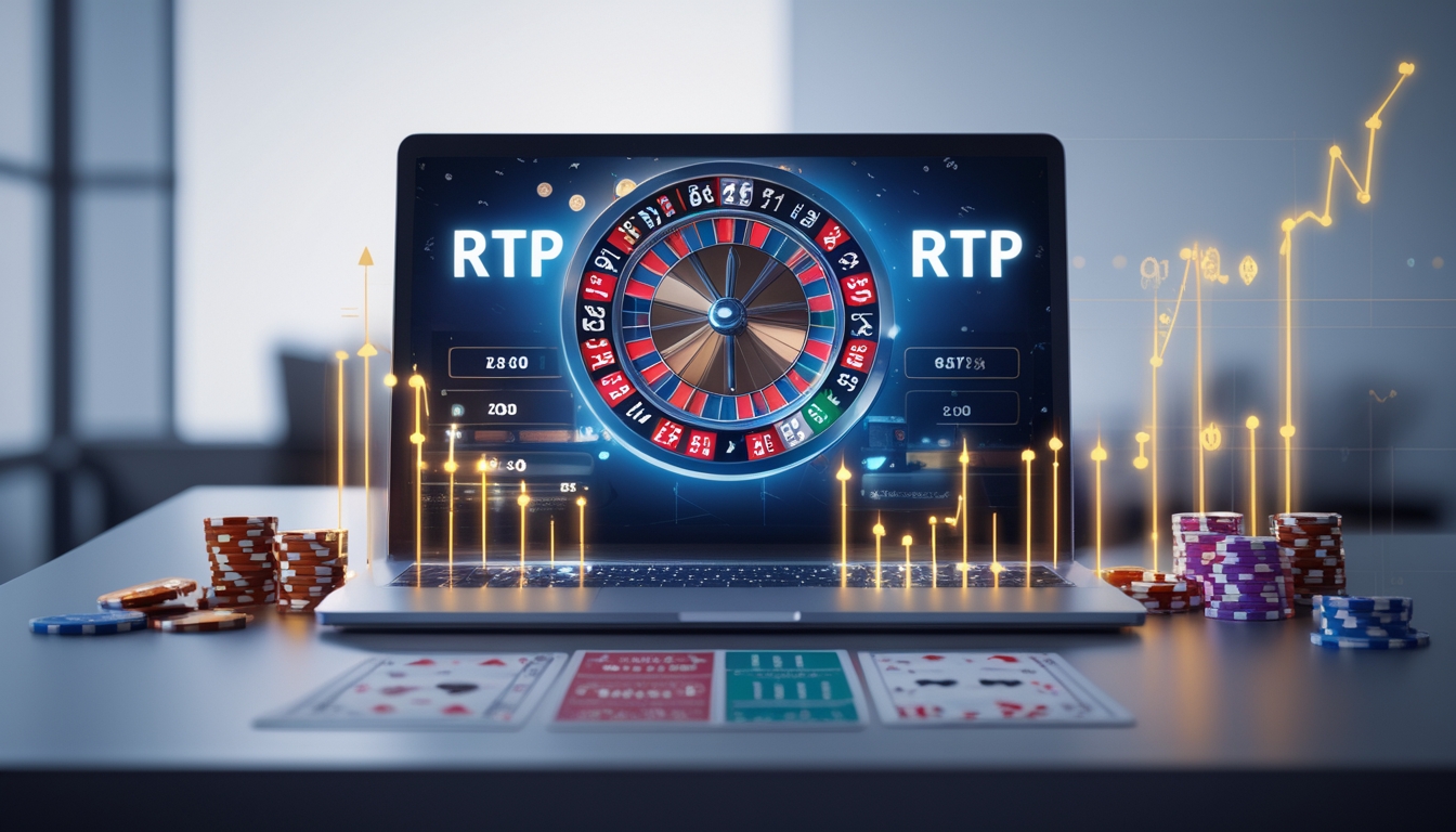 Seorang pengguna sedang bermain permainan slot dan roulette online di komputer dengan grafik warna-warni dan elemen terkait perjudian di sekitar layar.