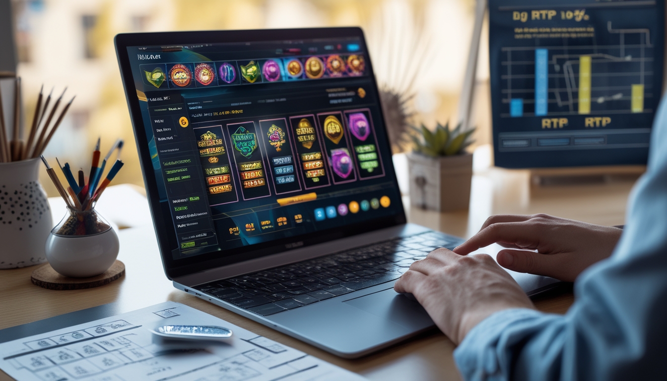 Seorang pengguna sedang memilih permainan slot online di laptop dengan grafik dan catatan RTP di meja kerja.