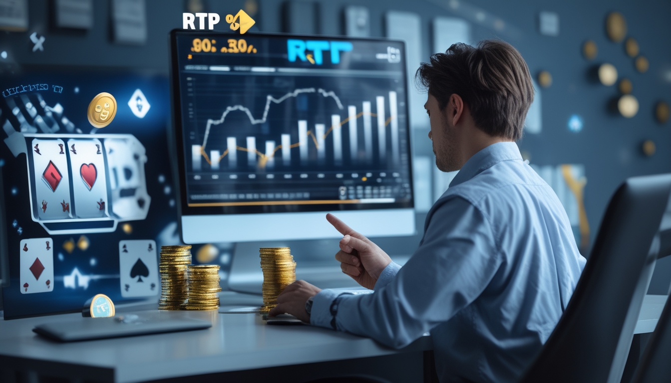 Seorang individu sedang menganalisis data RTP pada layar komputer di meja kerja dengan ikon permainan kasino digital di sekitar.