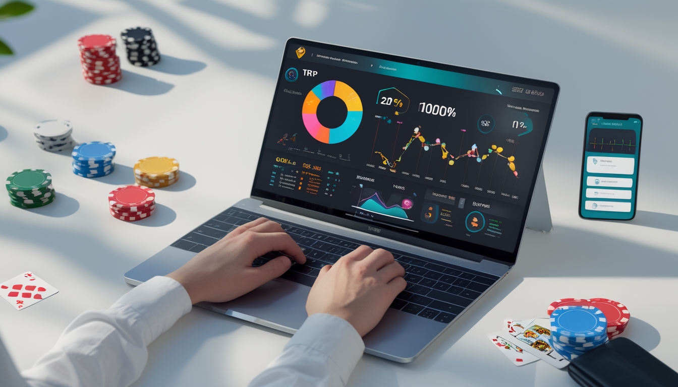 Seorang profesional bekerja dengan laptop yang menampilkan grafik dan statistik terkait RTP pada situs judi online, dikelilingi oleh chip poker dan kartu remi di meja kerja.