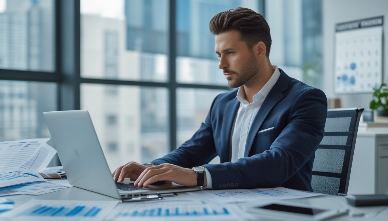 Seorang pria berpakaian rapi duduk di meja kerja modern sambil menganalisis data dengan laptop dan kertas di kantor dengan pemandangan kota di latar belakang.
