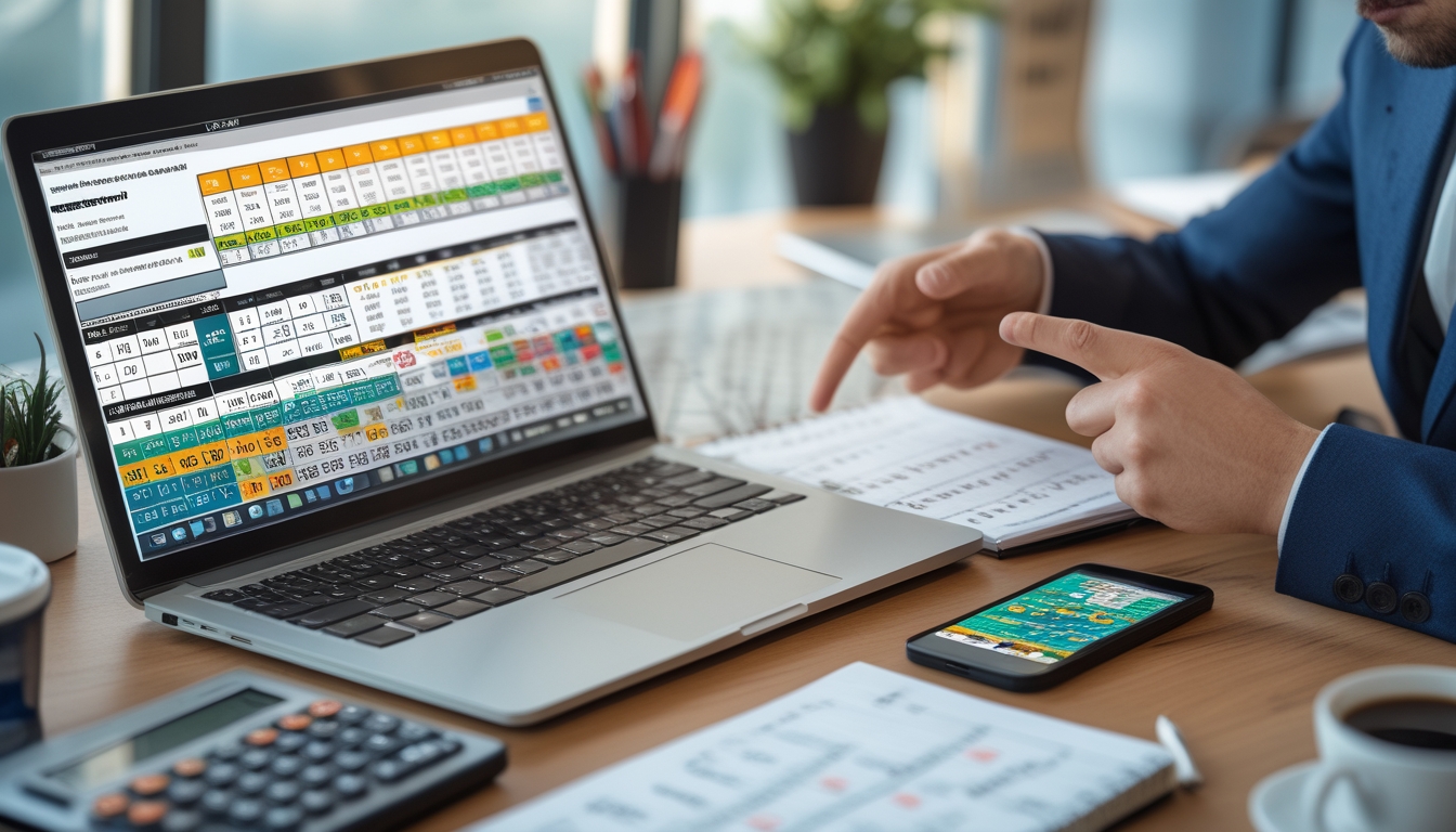 Seseorang sedang menganalisis angka togel di meja kerja dengan laptop, catatan, dan alat tulis.