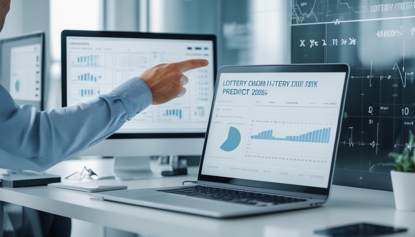 Seorang profesional sedang menganalisis data statistik di meja kerja dengan laptop dan tablet yang menampilkan grafik dan angka terkait prediksi togel bulanan tahun 2026.