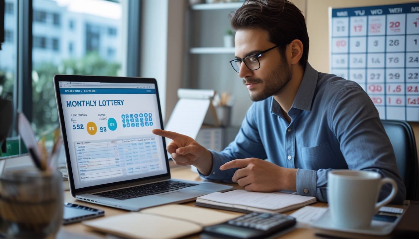 Seorang individu sedang duduk di meja dengan laptop dan alat tulis, fokus menganalisis data untuk menentukan angka yang menguntungkan.
