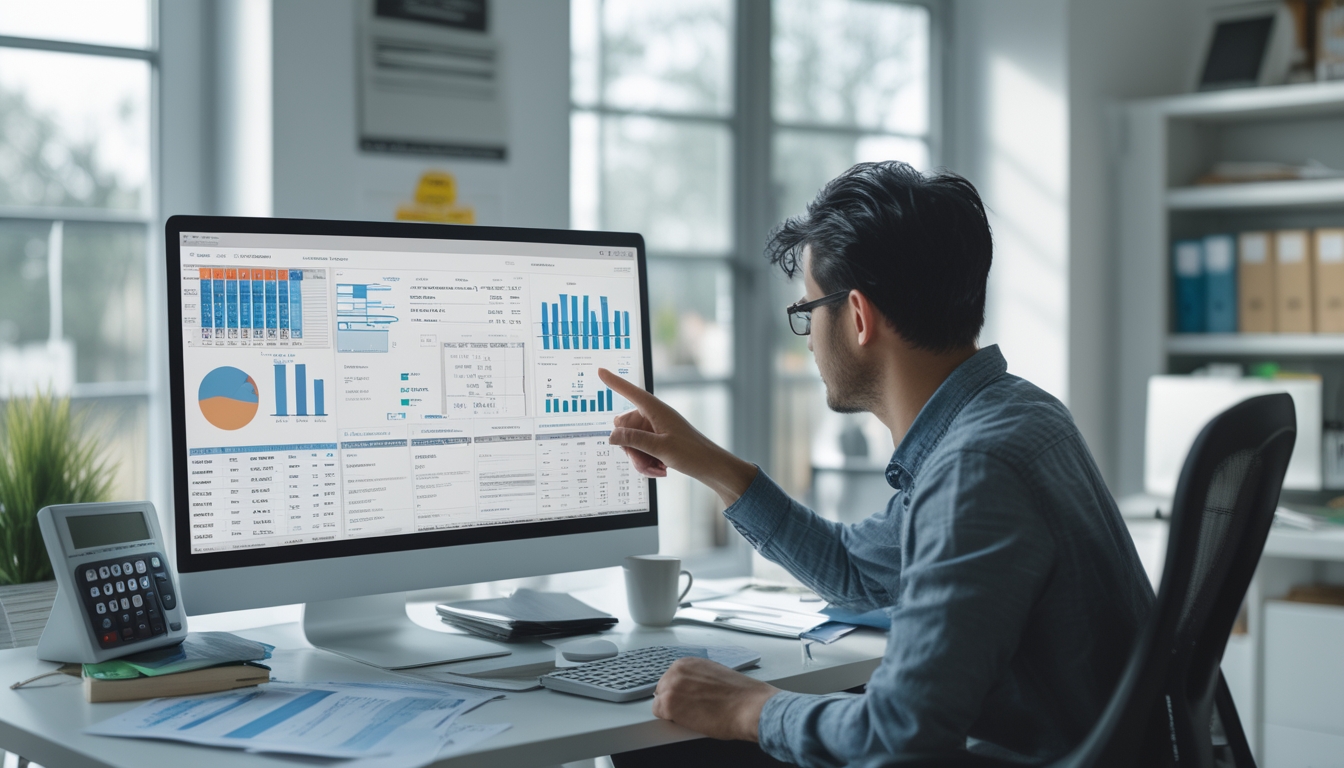 Seseorang yang sedang menganalisis data angka togel di depan komputer di ruang kerja yang terang dan rapi.