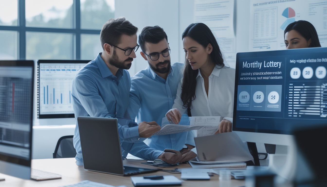 Sekelompok profesional sedang bekerja bersama di kantor modern dengan layar digital menampilkan grafik dan data prediksi bulanan.