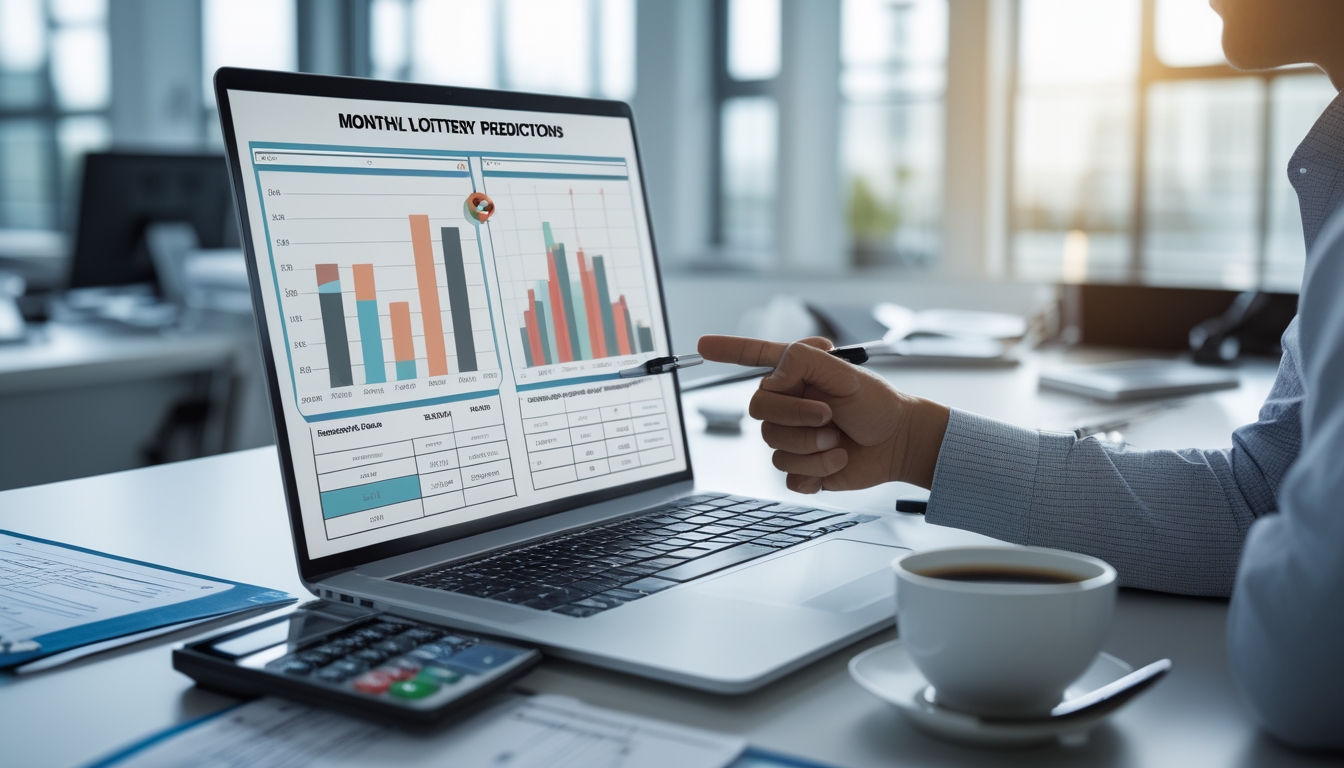 Seorang profesional sedang menunjuk layar laptop dengan grafik prediksi di meja kerja yang rapi di kantor terang.