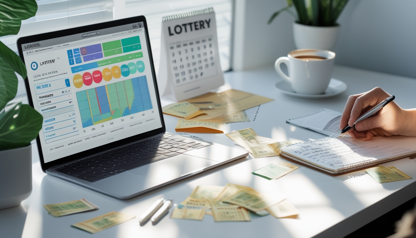 Sebuah meja kerja modern dengan laptop menampilkan grafik dan angka, tiket lotre tersebar, dan seseorang sedang menganalisis data dengan pena di tangan.