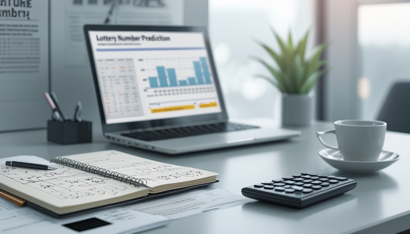 Meja kerja dengan laptop, buku catatan, kalkulator, dan kopi yang menunjukkan suasana fokus untuk prediksi angka togel bulanan.