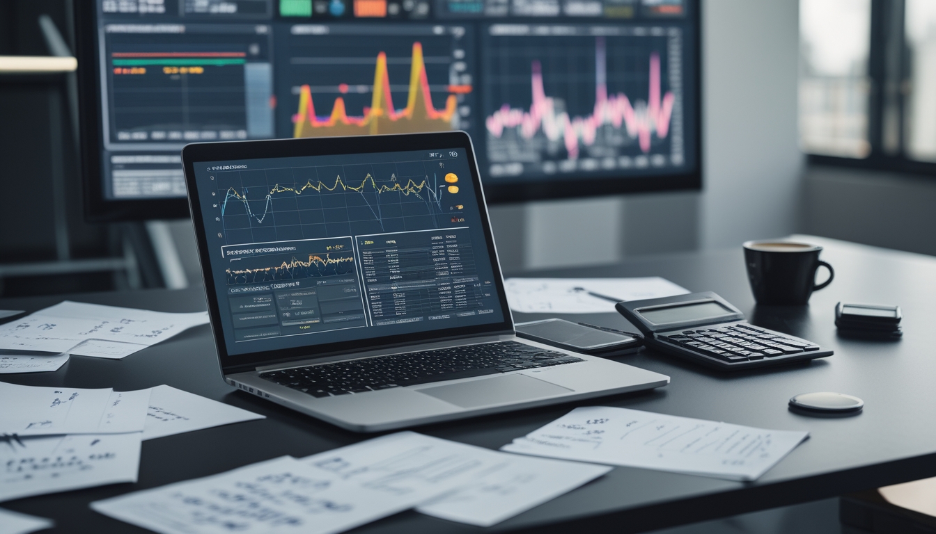 Meja kerja modern dengan laptop yang menampilkan grafik dan data angka, kertas catatan, kalkulator, dan layar digital di latar belakang.