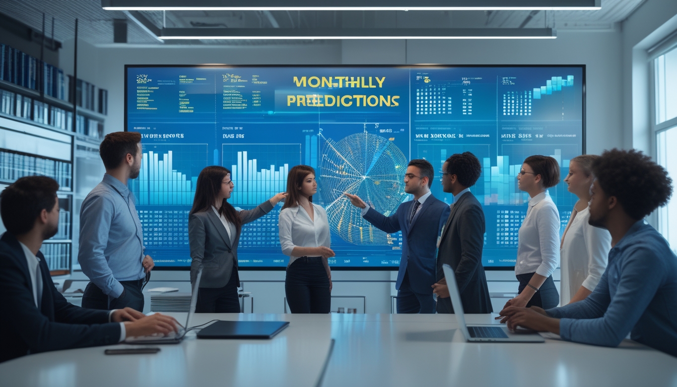 Sekelompok profesional sedang berdiskusi di depan layar besar yang menampilkan grafik dan data untuk analisis prediksi angka togel bulanan.