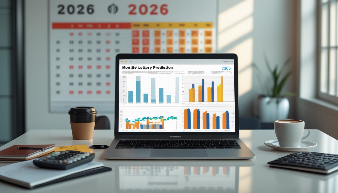 Meja kerja dengan laptop yang menampilkan grafik angka, kalender tahun 2026 di latar belakang, dan alat tulis tertata rapi.