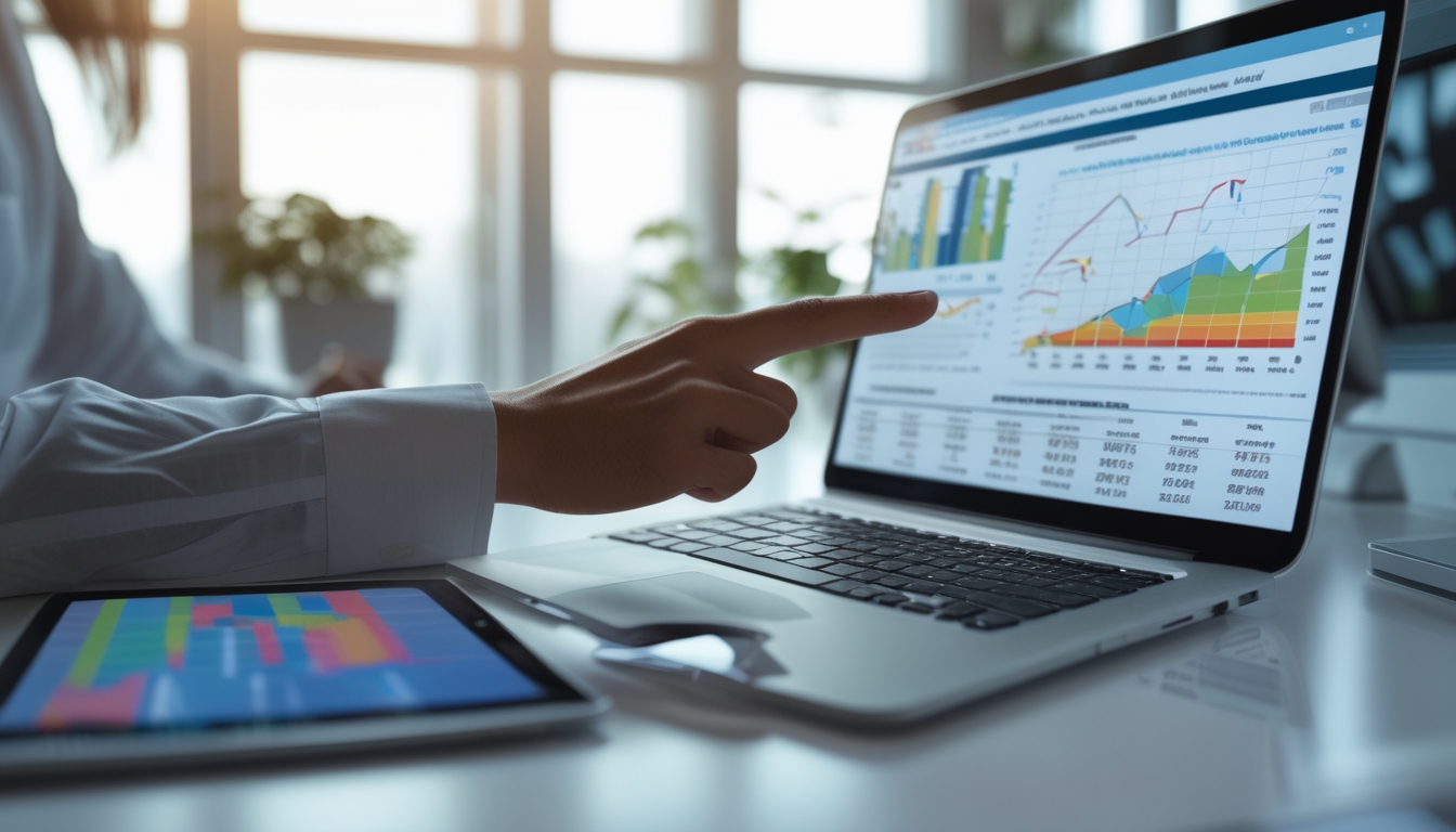 Seorang profesional sedang menganalisis data angka bulanan di meja kerja dengan perangkat digital dan grafik di layar.