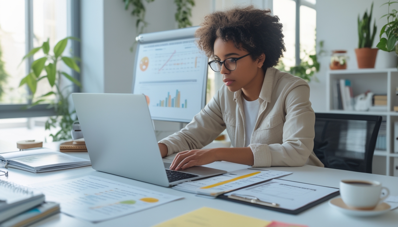 Seseorang sedang menganalisis data prediksi togel bulanan di depan laptop di ruang kerja yang rapi dan terang.