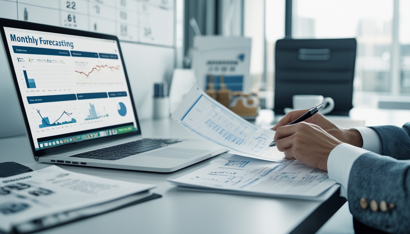 Seorang profesional sedang menganalisis data prediksi bulanan di meja kerja dengan laptop dan dokumen di kantor yang rapi.