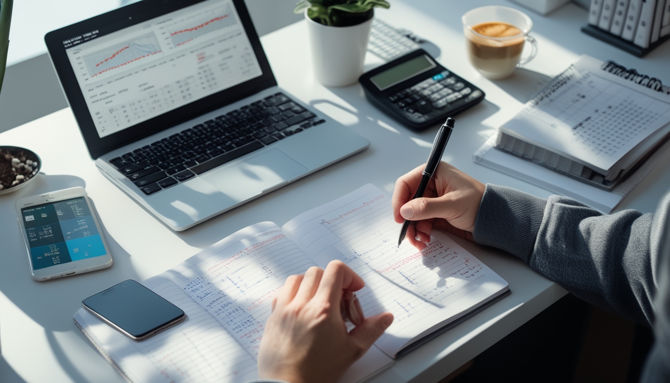 Sebuah meja kerja dengan laptop, catatan, kalkulator, dan tangan seseorang yang sedang menganalisis data untuk prediksi angka togel bulanan.