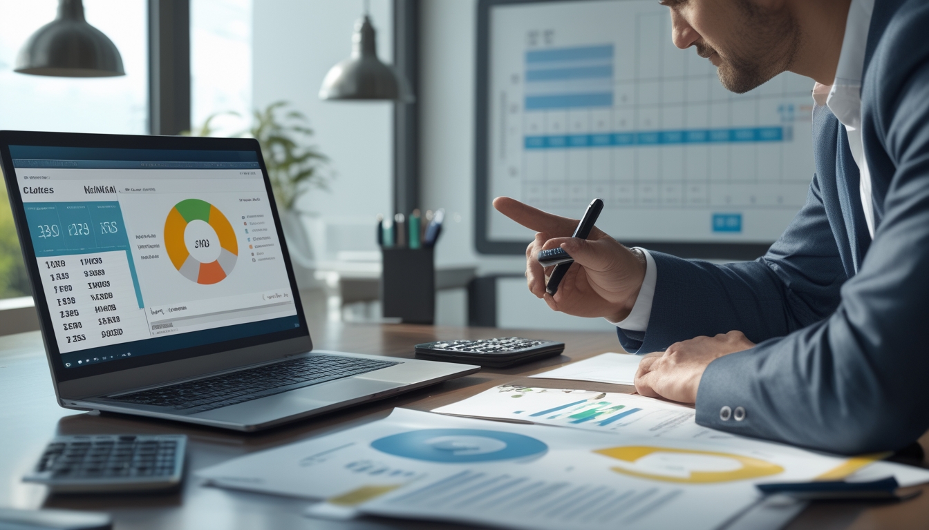 Seorang profesional sedang menganalisis data angka di depan laptop dengan grafik dan alat tulis di meja kerja.