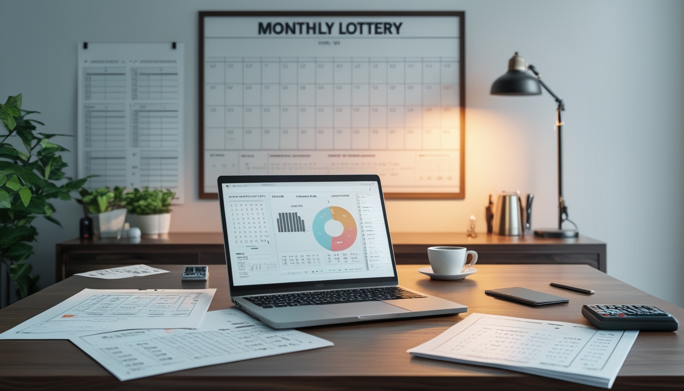 Meja kerja modern dengan laptop, kalkulator, kertas berisi data angka, dan kalender dinding yang menandai tanggal, menggambarkan suasana perhitungan angka togel bulanan.