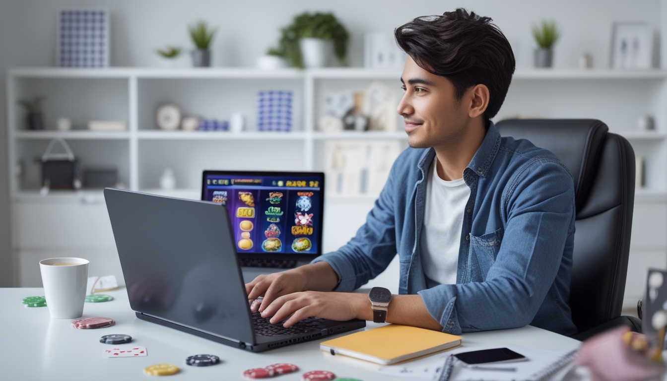 Seorang pemuda duduk di depan laptop dengan tampilan permainan judi online, di meja terdapat buku catatan, kopi, dan ponsel, suasana ruangan rapi dan terang.