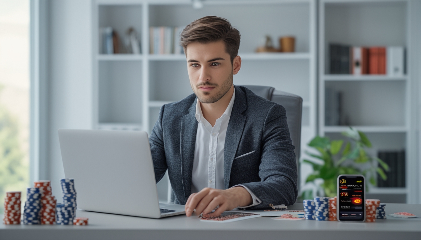Seorang pria muda duduk di meja dengan laptop, fokus bermain judi online di ruang kerja yang terang dan rapi.