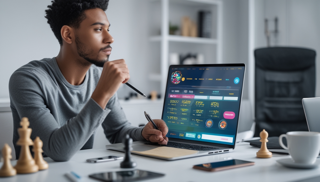 Seorang dewasa muda duduk di meja dengan laptop terbuka dan catatan, fokus pada layar yang menampilkan situs judi online, di ruang kerja rumah yang rapi.