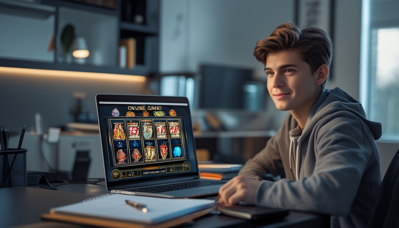 Seorang dewasa muda sedang duduk di depan laptop dengan tampilan permainan judi online di layar, terlihat fokus dan percaya diri di ruang kerja modern.