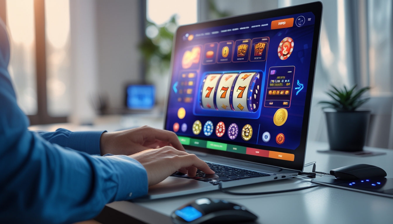 Seseorang menggunakan komputer dengan tampilan permainan judi online yang berwarna-warni di layar dalam suasana ruangan yang nyaman.