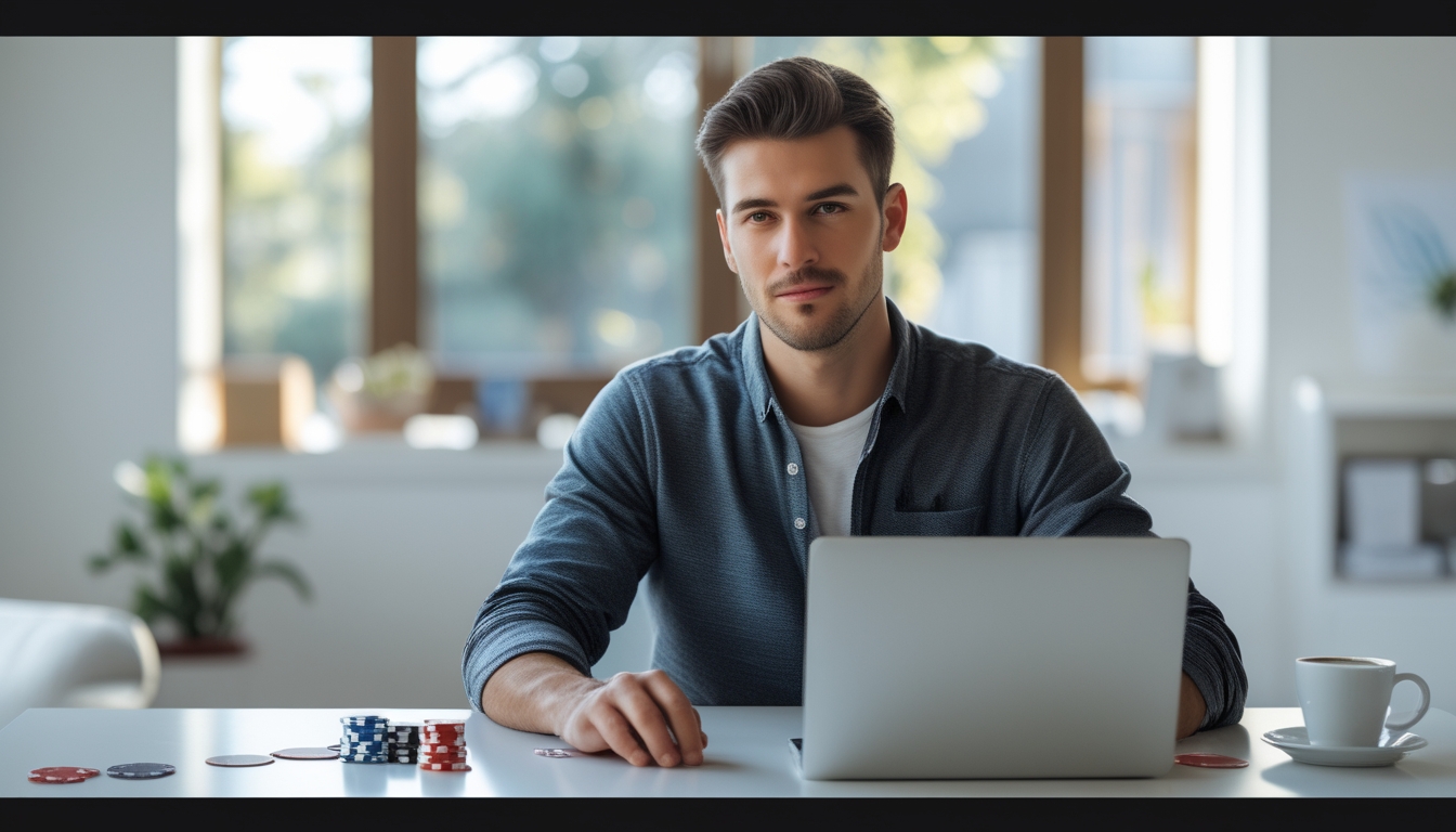 Seorang pria muda duduk di meja modern menggunakan laptop dengan ekspresi fokus, di meja terdapat chip poker dan kartu remi, suasana terang dan nyaman di ruang kerja rumah.