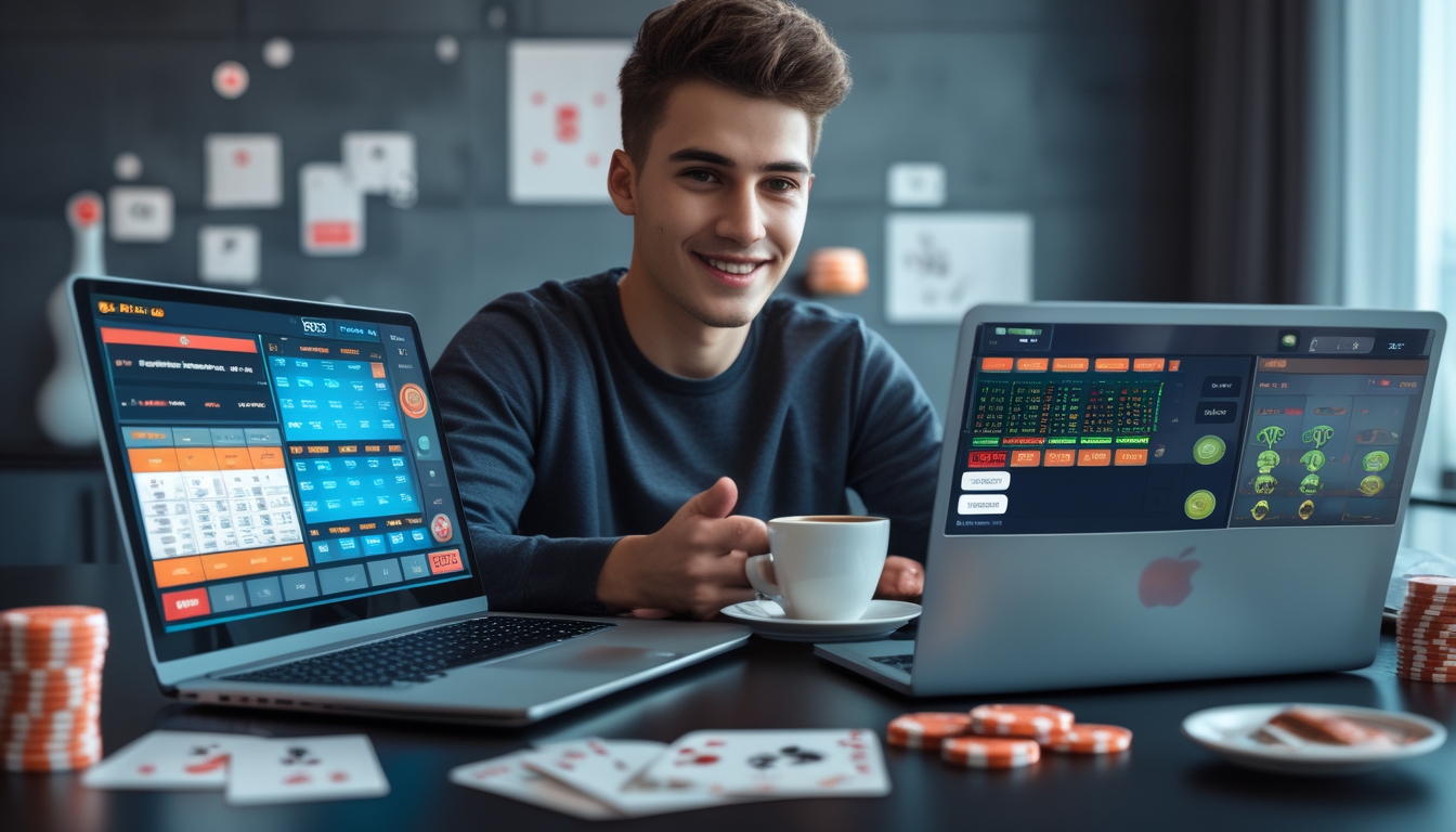 Seorang dewasa muda duduk di meja dengan laptop dan ponsel yang menampilkan permainan judi online, tampak fokus dan percaya diri dalam suasana ruangan yang terang.