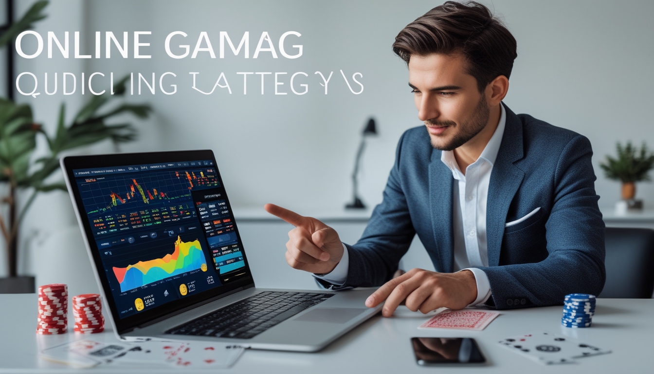 Seseorang sedang menggunakan laptop dengan tampilan platform taruhan online dan beberapa chip poker serta kartu bermain di meja.