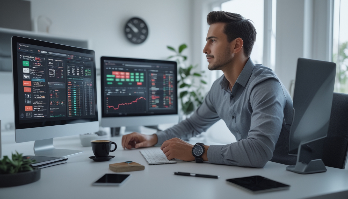 Seorang pria muda duduk di meja kerja modern dengan beberapa layar komputer yang menampilkan antarmuka judi online dan grafik, terlihat fokus dan serius dalam menganalisis data.