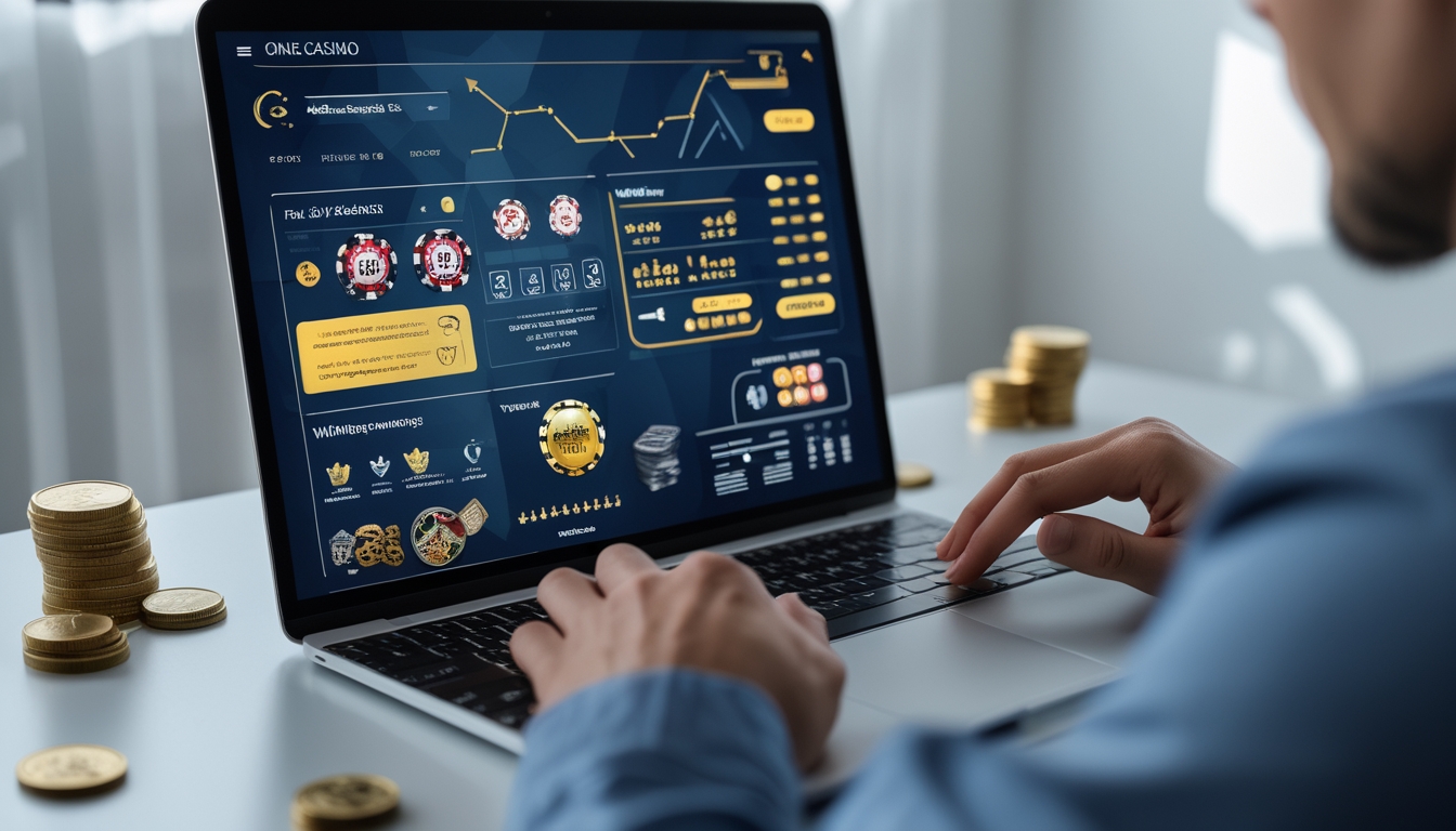 Seseorang menggunakan laptop dengan tampilan permainan judi online dan ikon keamanan di latar belakang.