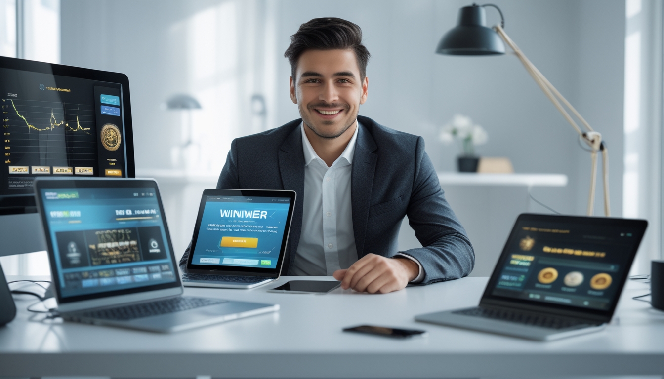 Seorang pria muda duduk di meja modern dengan beberapa perangkat digital menampilkan antarmuka judi online, tersenyum dan fokus, di ruang kantor minimalis dengan pencahayaan alami.